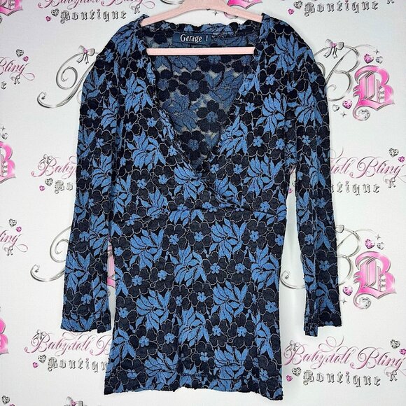 Garage top long sleeve lace blue mesh floral flowers v neck ruffle trim cute - Picture 1 of 9